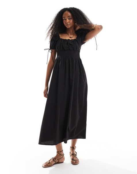 Brave Soul - Vestito midi stile milkmaid nero con scollo quadrato e maniche a sbuffo - view 1
