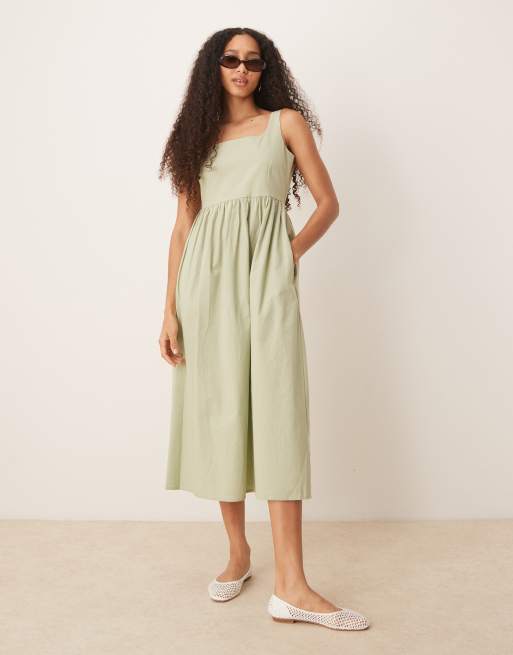 Brave Soul - Vestito midi verde salvia in misto cotone a quadretti con scollo squadrato