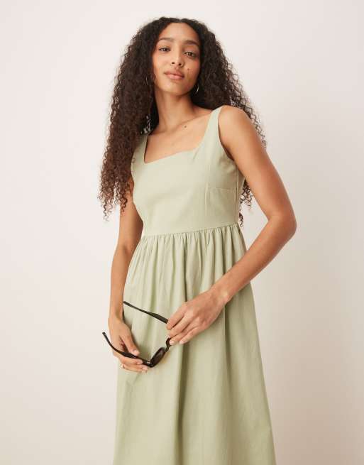 Brave Soul - Vestito midi verde salvia in misto cotone con scollo squadrato, 2 di 4