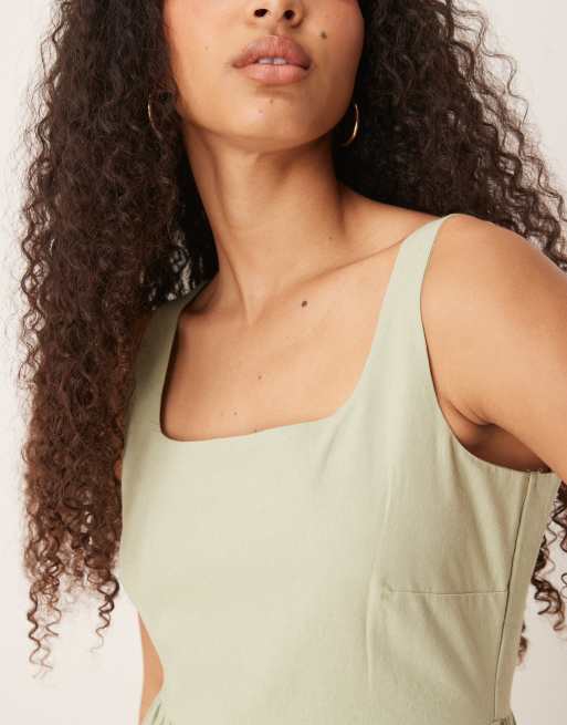 Brave Soul - Vestito midi verde salvia in misto cotone con scollo squadrato, 3 di 4