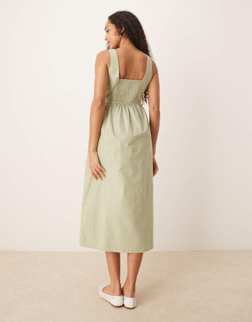 Brave Soul - Vestito midi verde salvia in misto cotone con scollo squadrato, 4 di 4