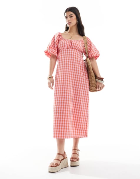 Brave Soul - Vestito milkmaid con maniche a sbuffo rosa e arancione a quadretti - view 1