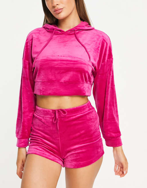 Brave Soul – Vicky – Welurowy zestaw odzieży domowej w kolorze magenta: bluza z kapturem i szorty