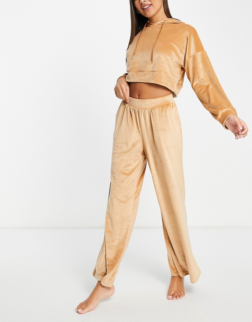 Brave Soul victoria velour lounge set with wide leg in camel-Neutral