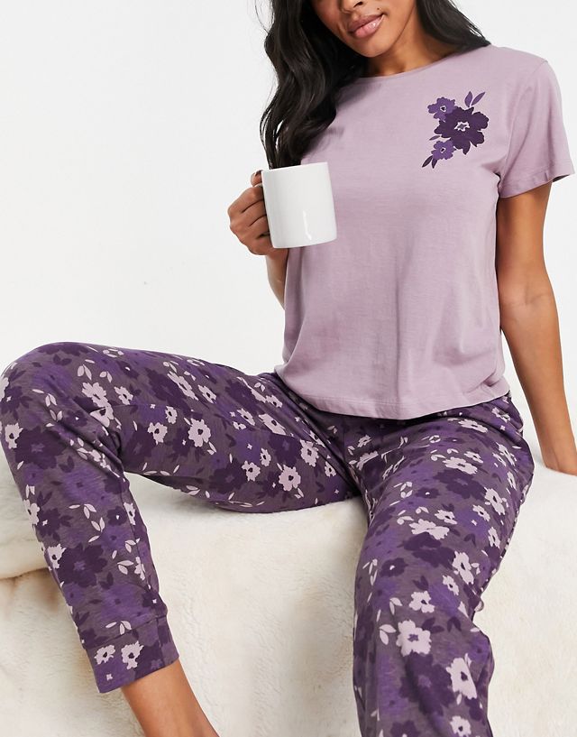 Brave Soul vintage floral print tee and cuffed pants pajama set in dark purple