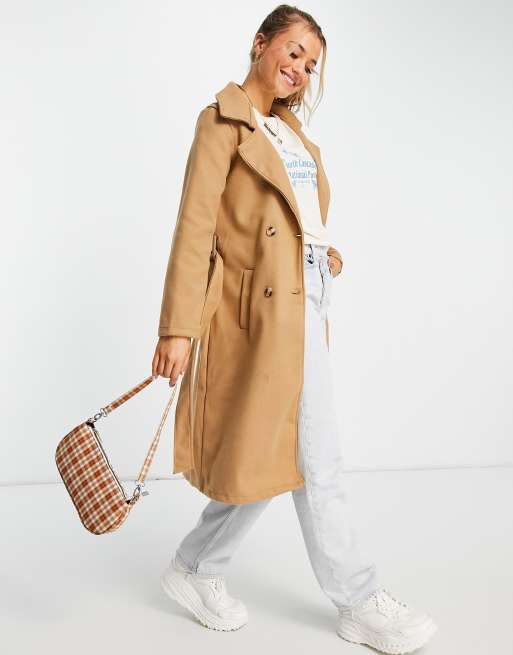 Brave Soul Virgo belted maxi coat in camel