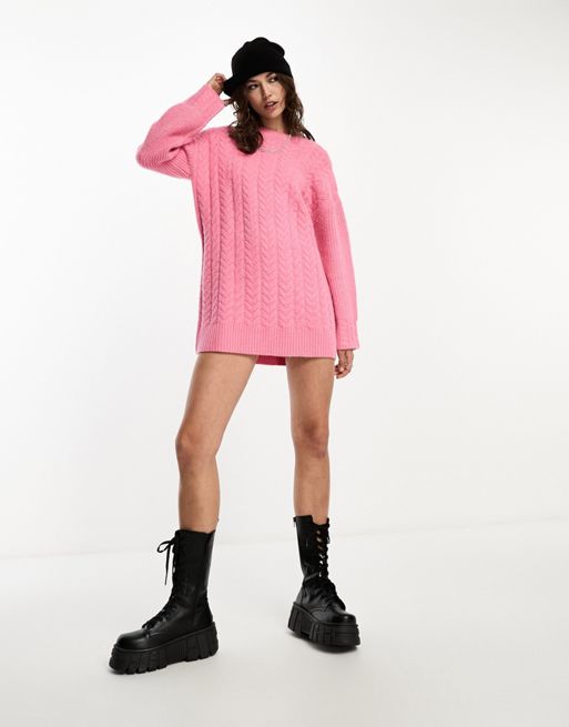 Brave Soul virgo cable knit jumper flared dress in pink