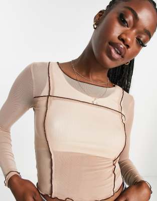 Brave Soul vivian lettuce hem mesh top with exposed seams in beige-Neutral