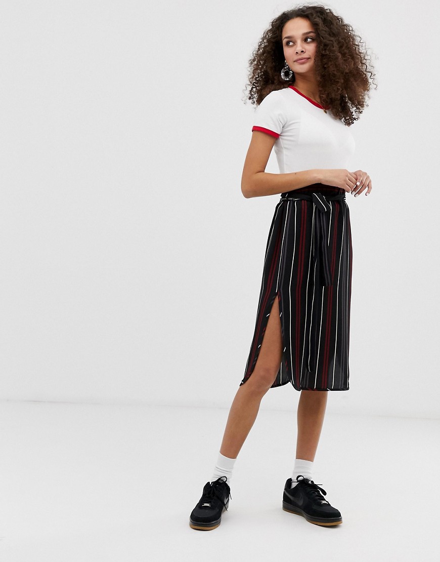 Brave Soul vixen midi skirt with split in stripe-Black