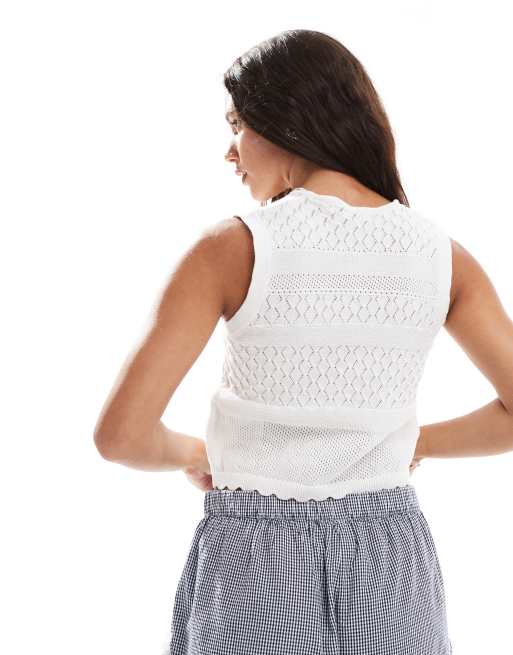 Brave Soul – Vorne gebundene Strickweste in Weiß mit Pointelle-Details, 4 von 4
