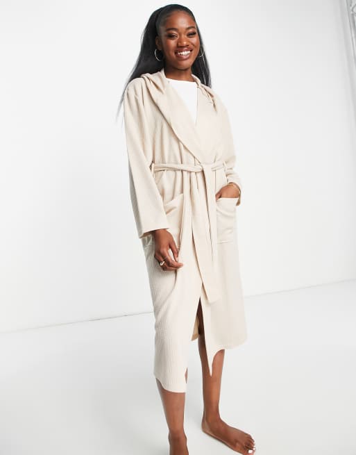 Brave Soul waffle hooded robe in cream