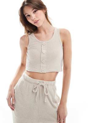 Brave Soul Waffle Knit Cropped Tank Top And Pants Lounge Set In Neutral