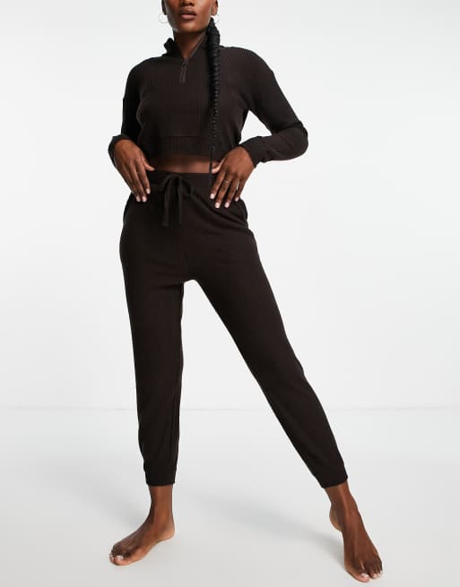 Brave Soul waffle long lounge set with funnel neck in chocolate