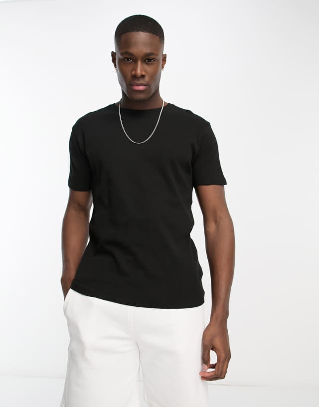 Brave Soul waffle stitch T-shirt in black