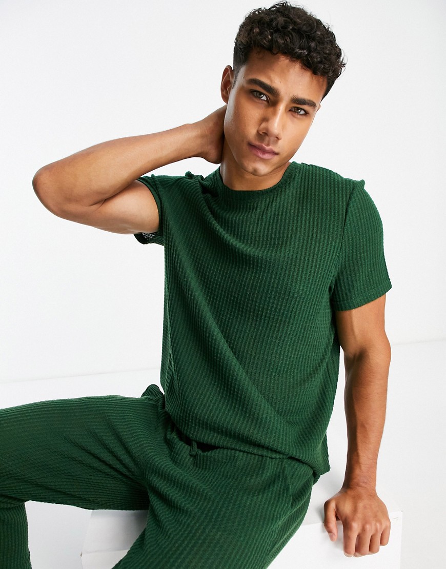 Brave Soul waffle T-shirt and shorts lounge set in forest green