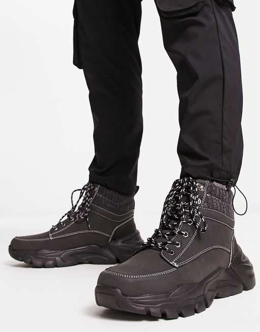 Brave Soul – Wander-Schnürstiefel mit wattiertem Schaft in Schwarz