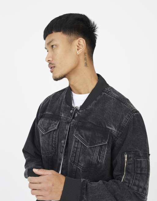 Brave Soul Washed denim bomber jacket in black, 3 of 4
