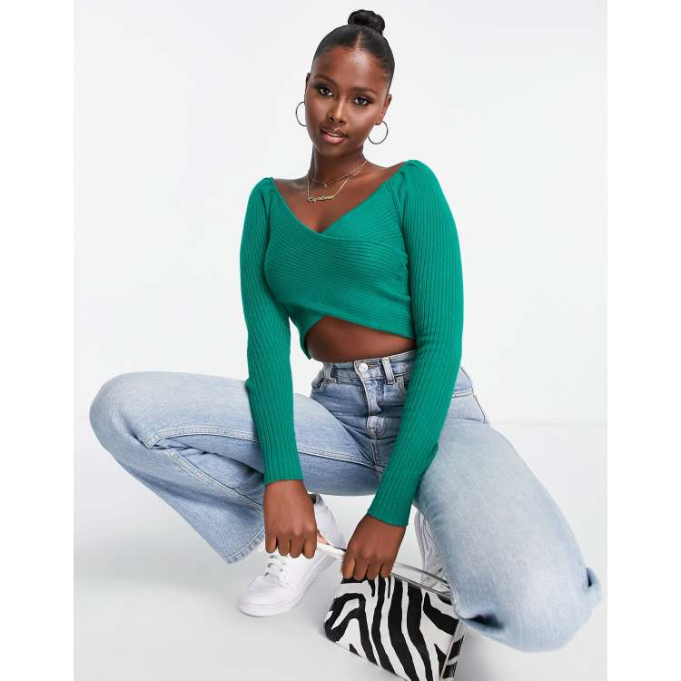 Brave Soul wathy wrap cropped jumper in green ASOS