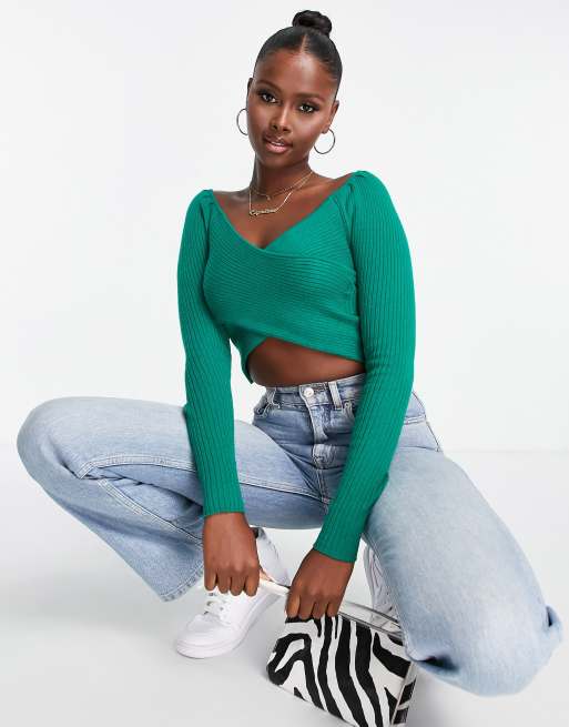 Brave Soul wathy wrap cropped jumper in green ASOS