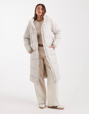 Brave Soul - Wattierte Maxi-Jacke in Stein mit Kapuze und abnehmbaren Ärmeln-Neutral