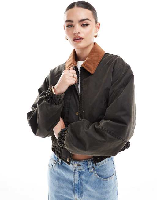 Brave Soul wax look jacket with cord collar in chocolate brown, 4 of 4