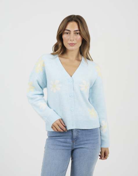 Brave Soul – Weiche Strickjacke in Blau mit Jacquardmuster mit Blumenmotiven - view 1