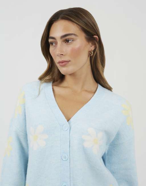 Brave Soul – Weiche Strickjacke in Blau mit Jacquardmuster mit Blumenmotiven, 3 von 4