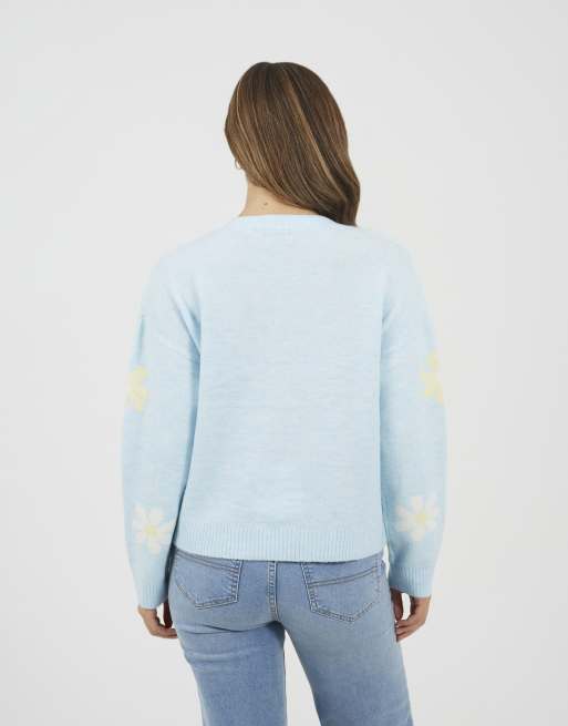 Brave Soul – Weiche Strickjacke in Blau mit Jacquardmuster mit Blumenmotiven, 4 von 4