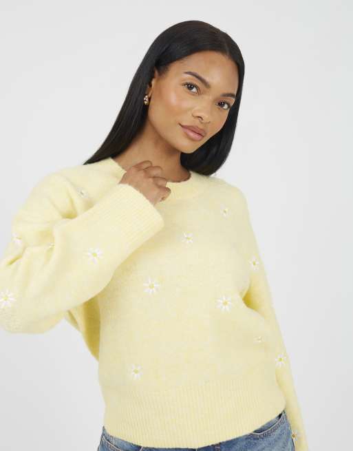 Brave Soul – Weicher Pullover in Gelb mit Rundhalsausschnitt und Gänseblümchenstickerei, 3 von 4