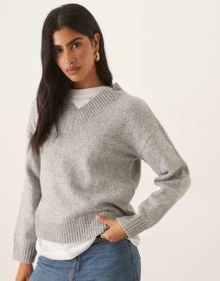 Brave Soul - Weicher Pullover in Hellgrau mit V-Ausschnitt