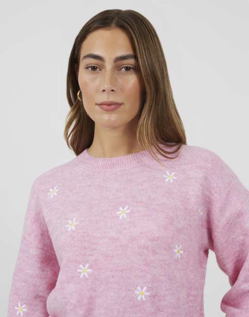 Brave Soul – Weicher Pullover in Rosa mit Rundhalsausschnitt und Gänseblümchenstickerei, 4 von 4