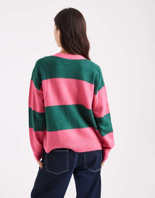 Brave Soul – Weihnachten – Gestreifte Strickjacke in Rosa und Grün mit Paillettendetail, 3 von 4