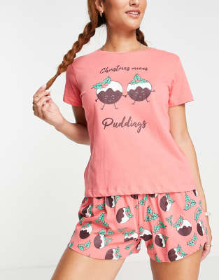 Brave Soul - Weihnachtlicher Pyjama in Koralle mit Pudding-Print-Rosa