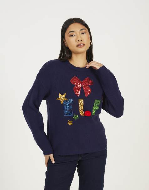 Brave Soul Weihnachtspullover mit Elf- und Paillettenverzierung in Marineblau - view 1