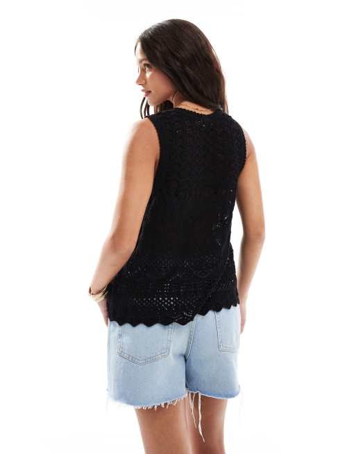 Brave Soul – Weste in Schwarz aus weitmaschigem Häkelstrick mit Taschendetail, 4 von 4