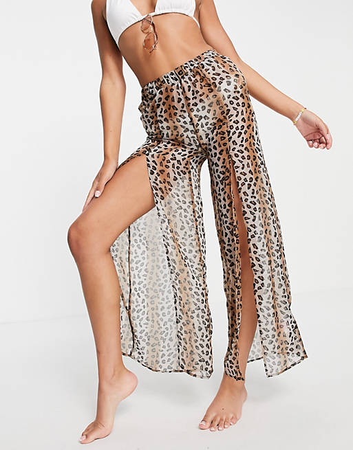 Brave Soul wide leg beach trousers in leopard print