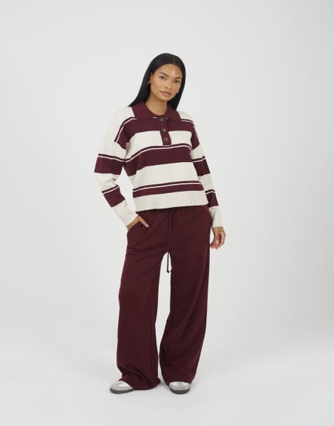 Brave Soul Wide leg joggers in burgundy - view 1