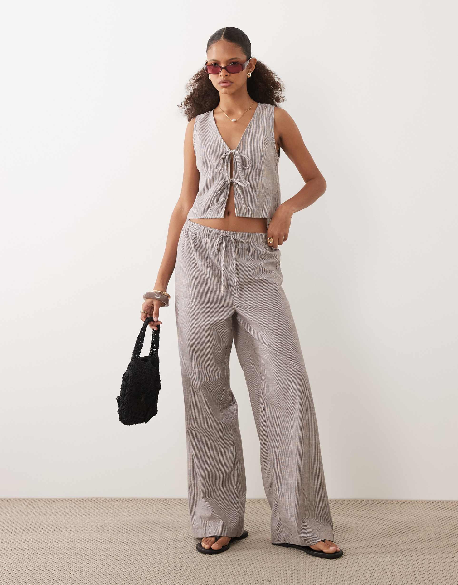 brave soul wide leg pants with tie waist in brown stripes - part of a set
