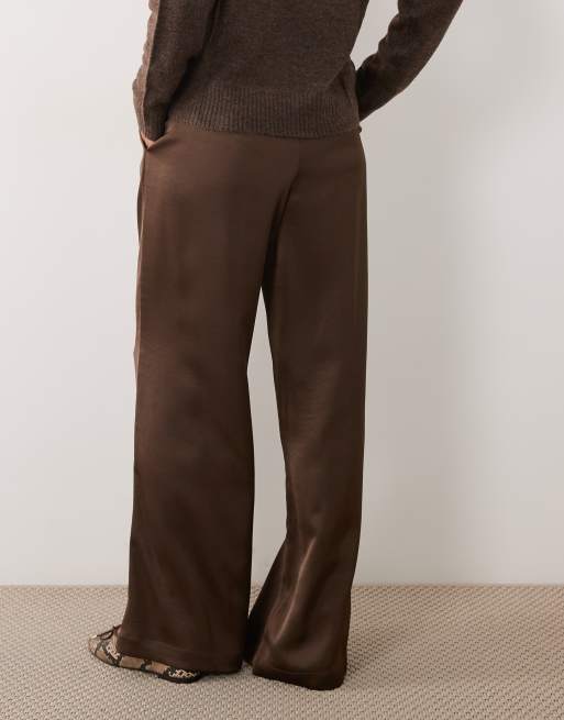 Brave Soul wide leg satin pants in chocolate brown, 2 of 5
