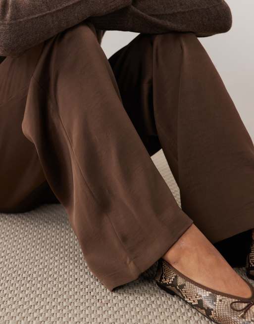 Brave Soul wide leg satin pants in chocolate brown, 5 of 5