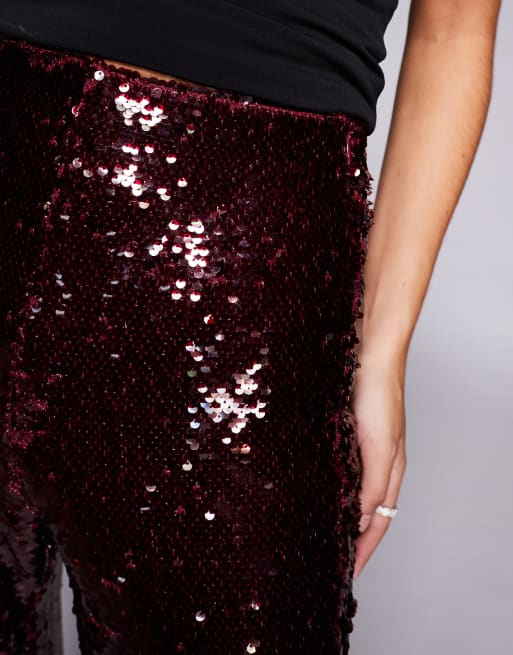 Brave Soul wide leg sequin trousers in burgundy, 2 of 5