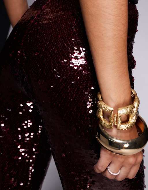 Brave Soul wide leg sequin trousers in burgundy, 4 of 5