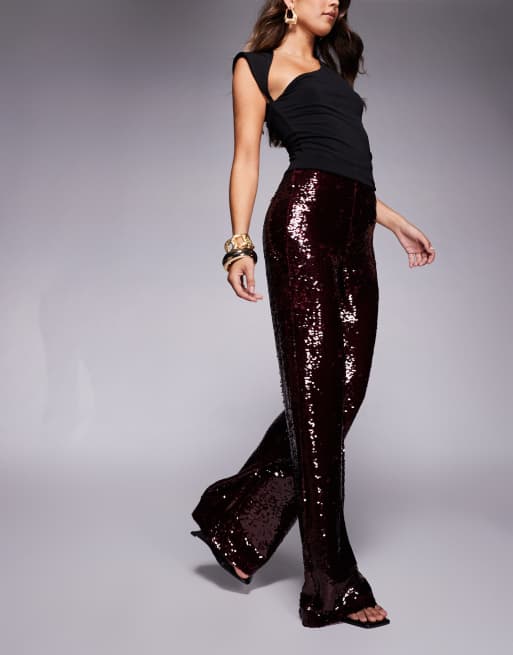 Brave Soul wide leg sequin trousers in burgundy, 5 of 5