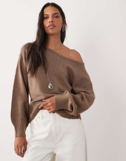Brave Soul wide neck knitted jumper in mocha, 3 of 4