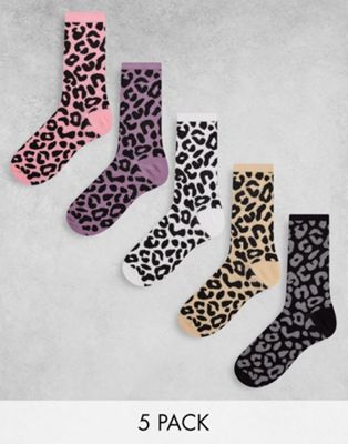 Brave Soul wild 5 pack socks in yellow and pink leopard mix