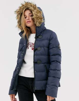 navy padded coat fur hood