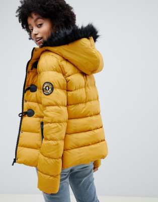 yellow puffer coat with fur hood