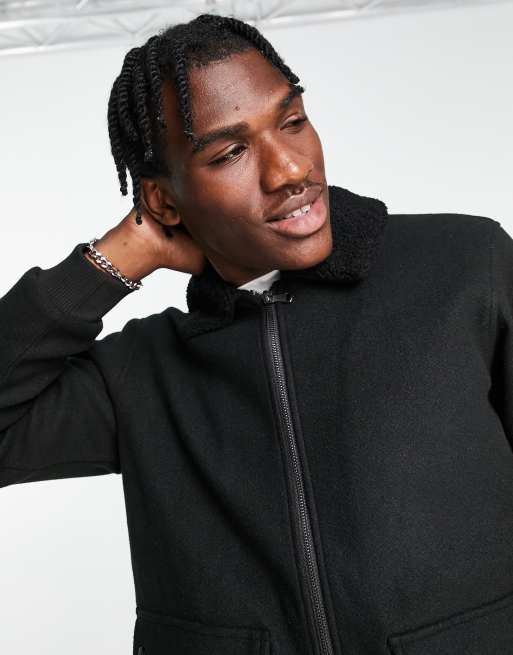 Brave Soul wool jacket with borg collar in black ASOS