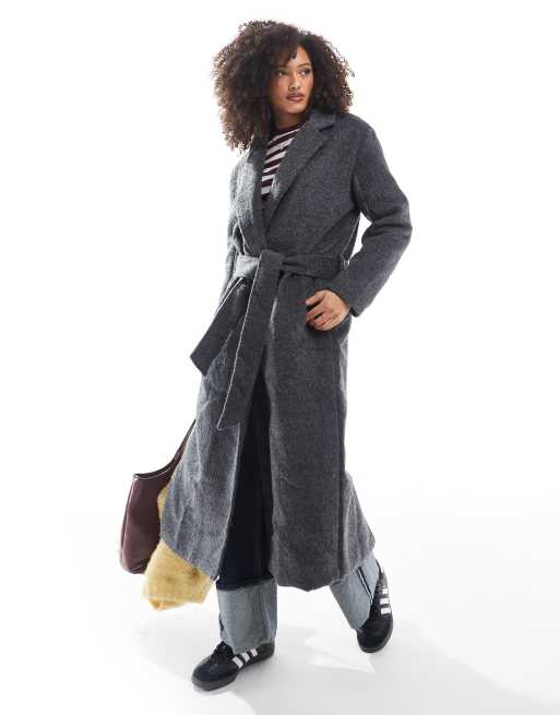 Brave Soul wool look belted overcoat in charcoal gray