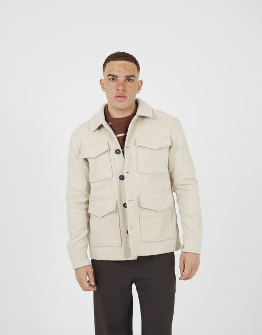 Brave Soul Wool-look four pocket shacket in stone